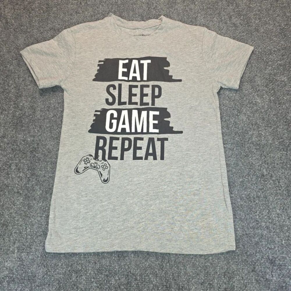 Boys Eat Sleep Game Repeat Gaming Graphic T-Shirt Size 10/12 Gray